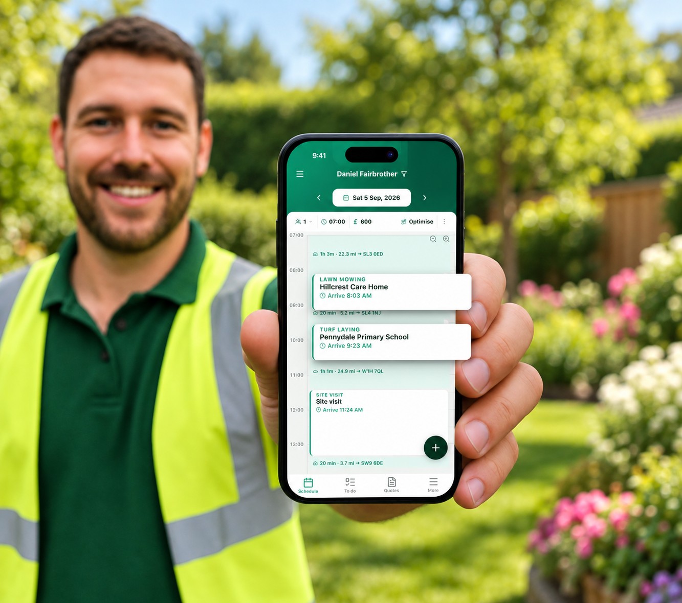 A landscaper in a garden holding a phone showing the TradeSynq schedule