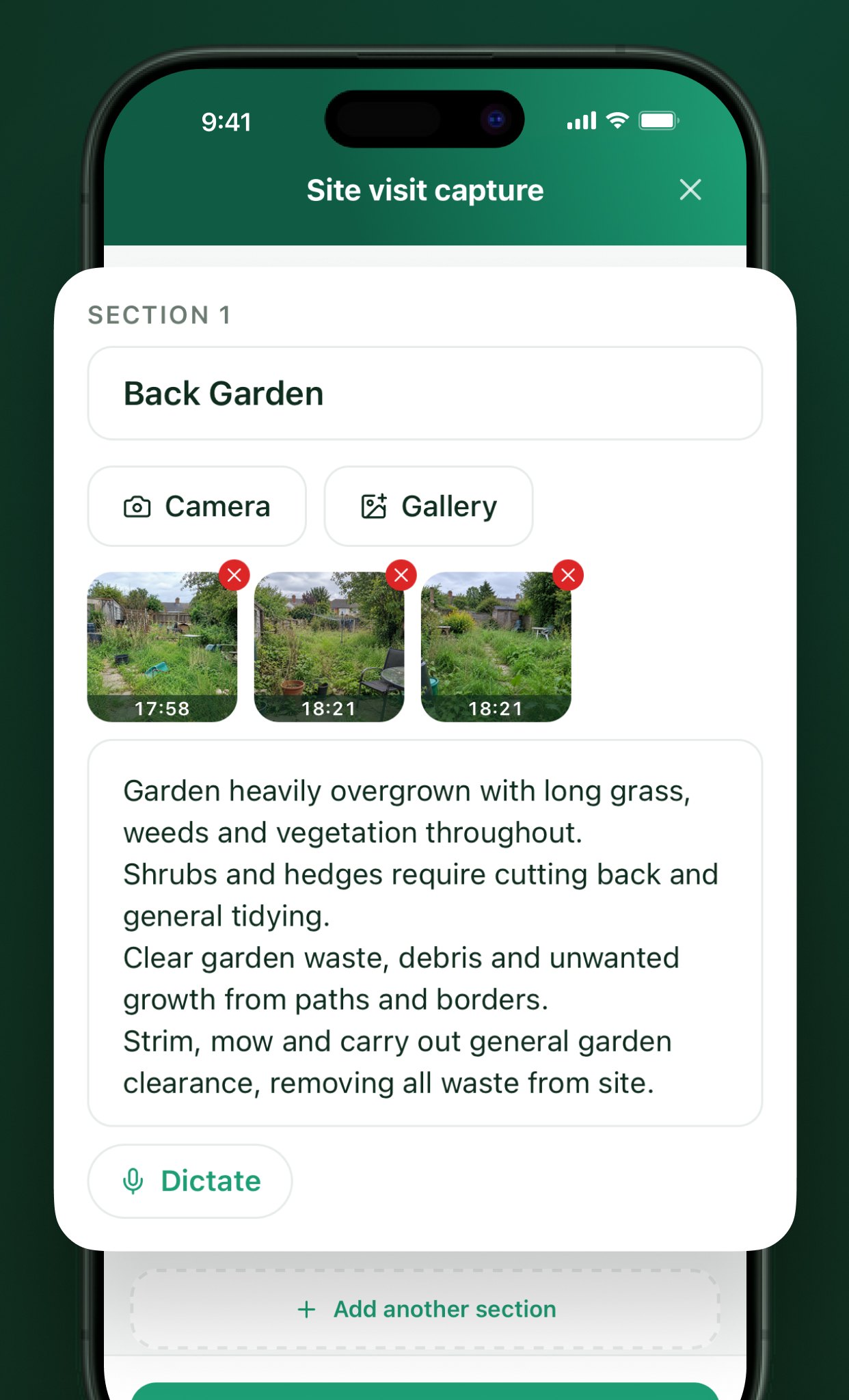 A site visit being recorded on a phone: a Back Garden section with three timestamped photos and a typed survey note